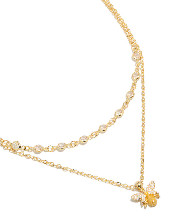 Gold Plated Cubic Zirconia & Enamel Bee  Layered Necklace
