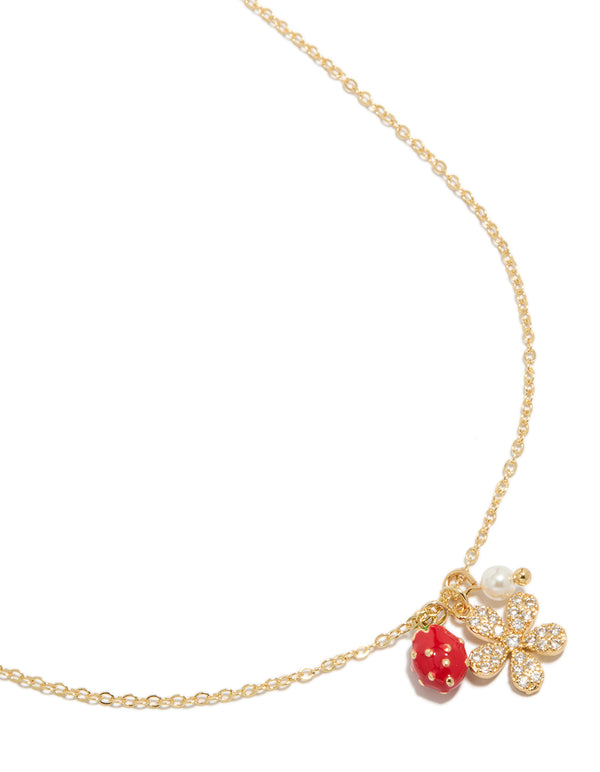 Gold Plated Cubic Zirconia Strawberry & Flower Pendants Necklace