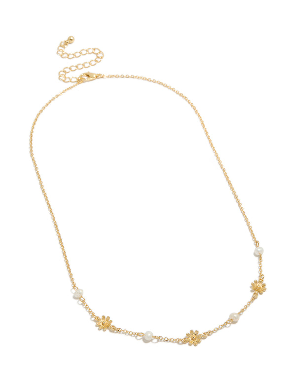 Gold Plated Pearls & Flower Charms Necklace