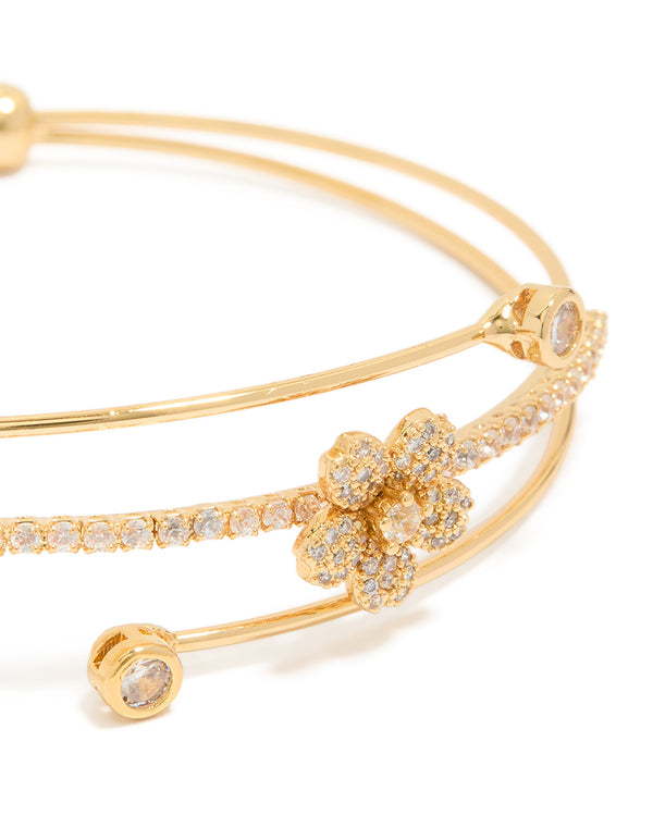 Gold Plated  Cubic Zirconia Flower Wrist Cuff