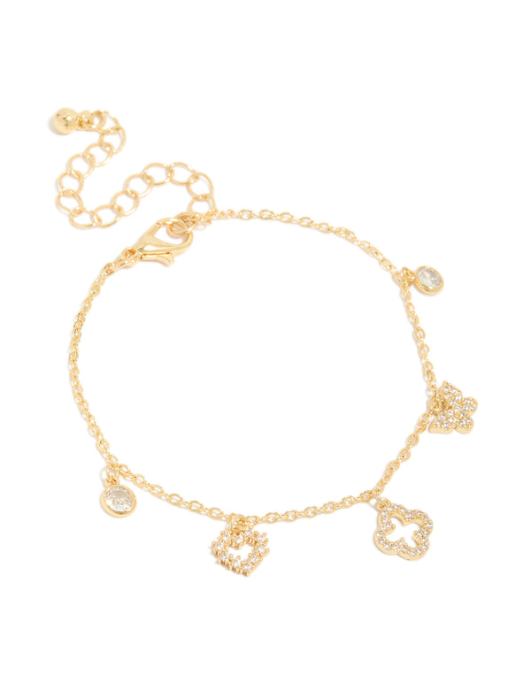 Gold Plated Cubic Zirconia Flower  & Heart Charms Bracelet
