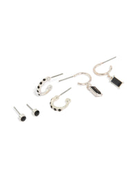 Discover this silver black diamante studs and drop earrings 3-pack featuring baguette stone in stud closure front view - link has visual effect only