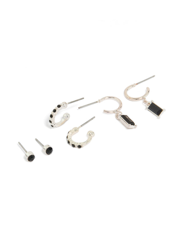 Discover this silver black diamante studs and drop earrings 3-pack featuring baguette stone in stud closure front view