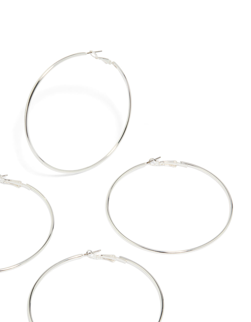 Crafted from silver with large hoop closure in a 2-pack post detail view
