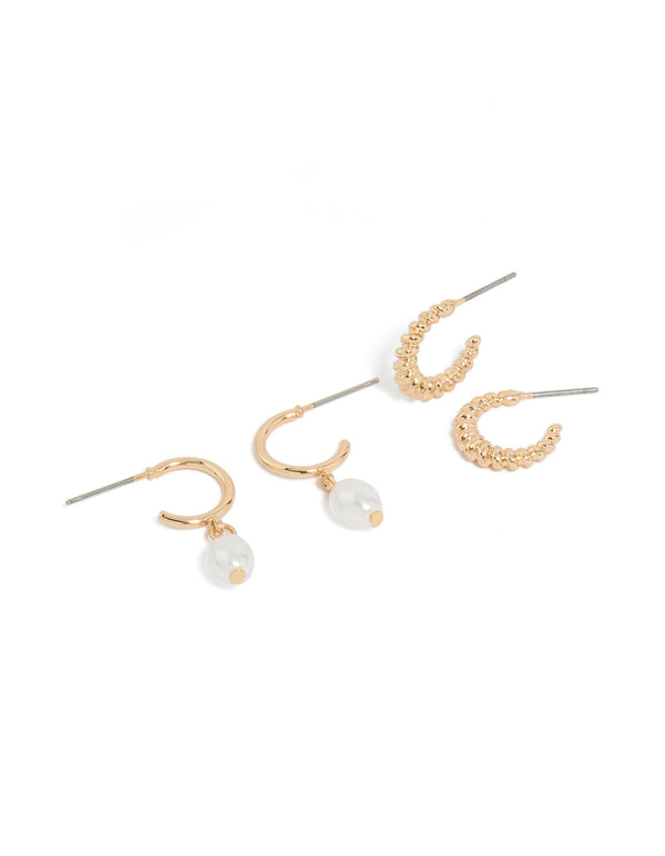 Elegant gold pearl hoop earrings in a 2-pack front view