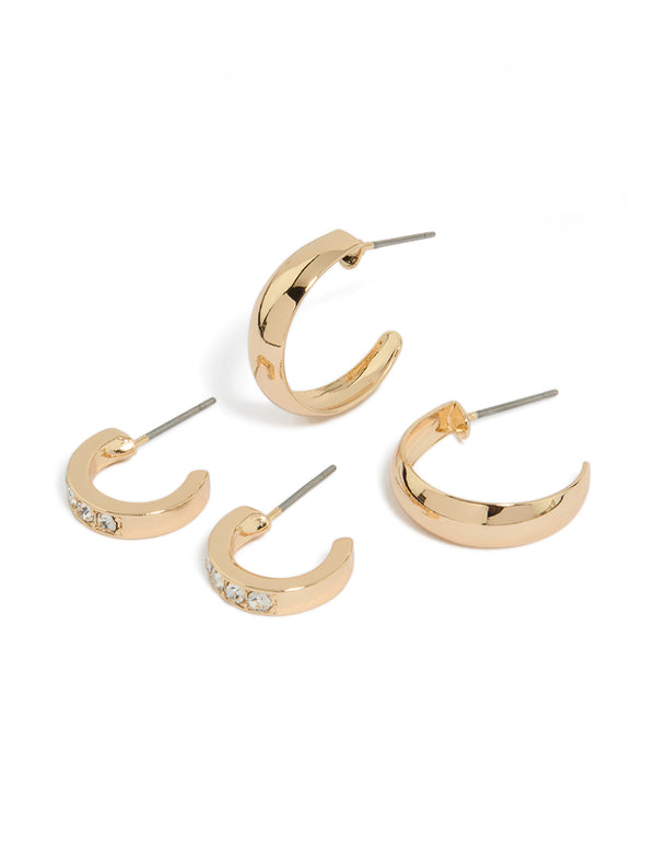 Showcasing a gold diamante and plain hoop earrings 2-pack with closure, front view