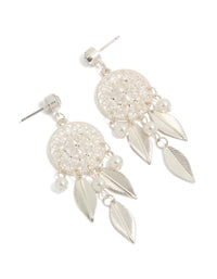 Showcasing Silver Diamante Pearl Dreamcatcher Earrings featuring charm and feathers in ivory tones front view - link has visual effect only