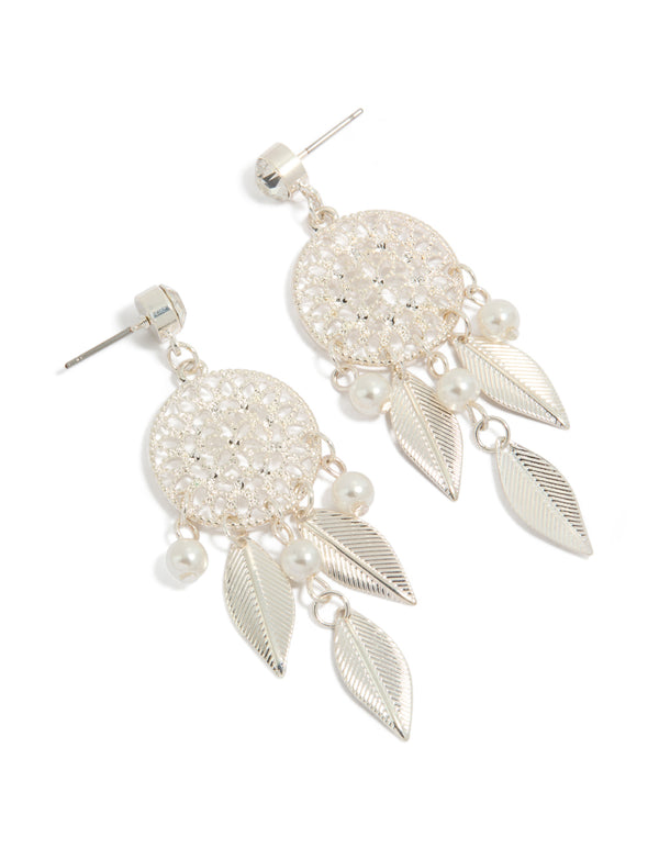 Showcasing Silver Diamante Pearl Dreamcatcher Earrings featuring charm and feathers in ivory tones front view