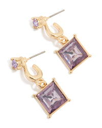 Gold Square Purple Diamante Drop Earrings - link has visual effect only