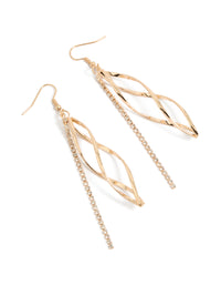 Showcasing gold twirl and diamante chain drop earrings with statement style front view - link has visual effect only