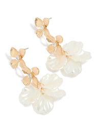 Showcasing statement floral drop earrings with ivory petal accents in gold front view - link has visual effect only