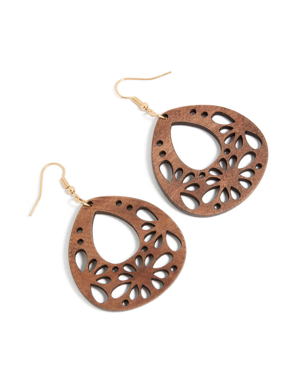 Beautifully crafted wooden teardrop earrings in a statement style front view