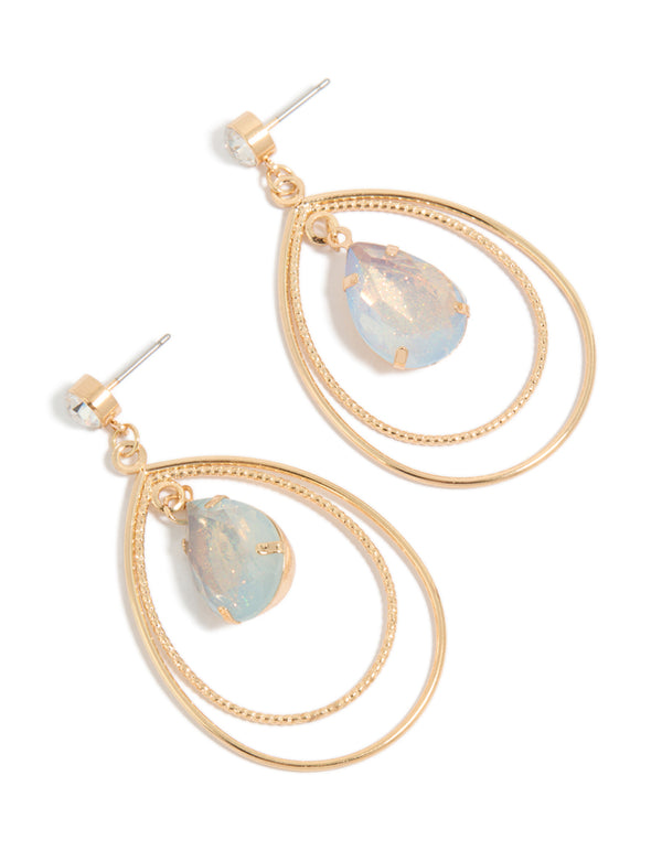 Showcasing teardrop layered drop earrings with glitter detailing in gold and statement styling front view