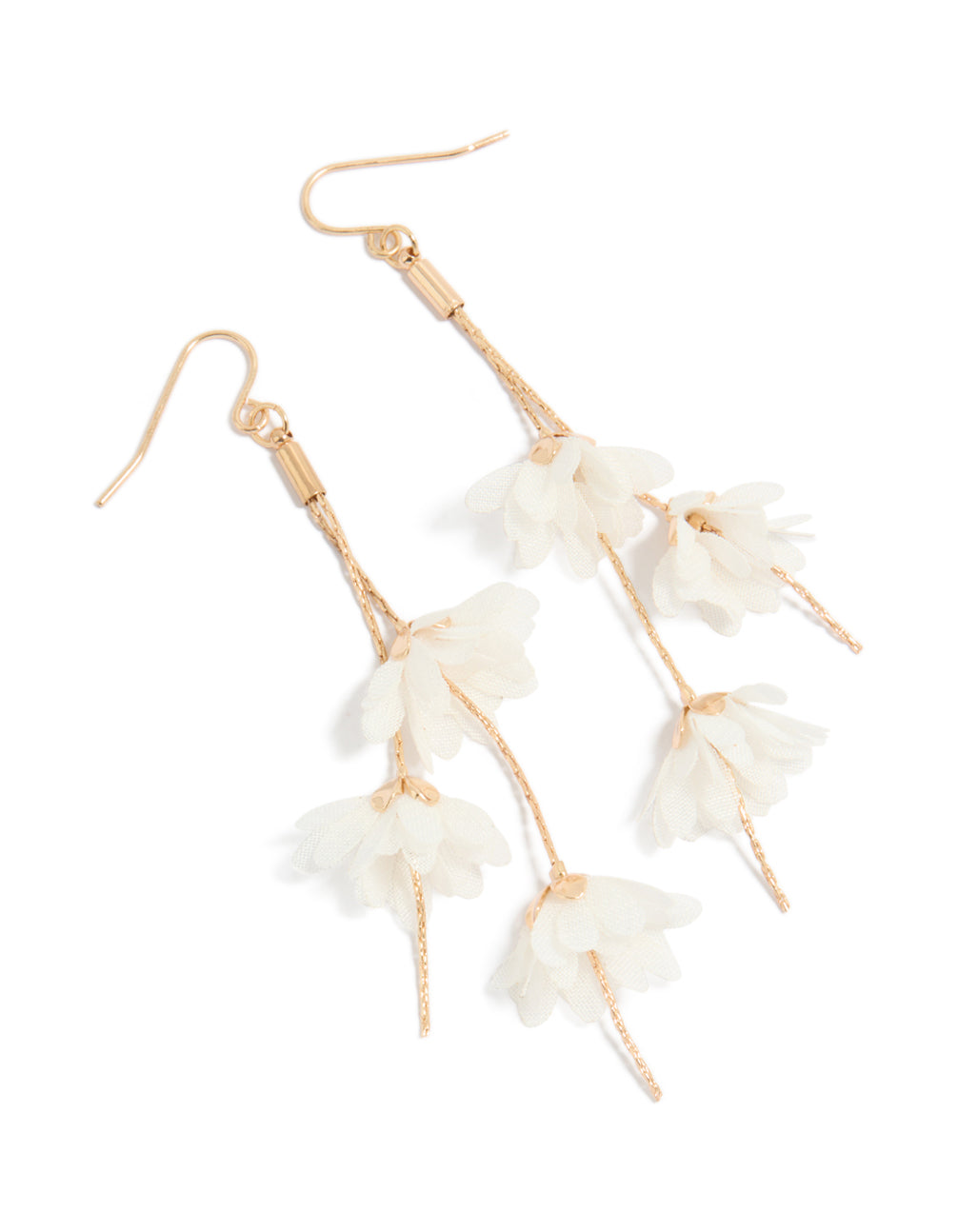 Showcasing gold white daisy flowers drop earrings front view