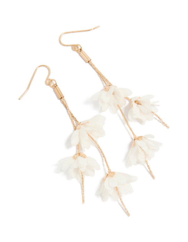 Showcasing gold white daisy flowers drop earrings front view