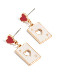 Showcasing statement drop earrings featuring gold ace of hearts card charm with white enamel and red heart stud front view - link has visual effect only