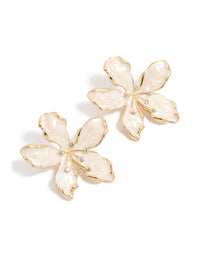 Stunning floral enamel stud earrings featuring light pink petals with diamante center accents in gold finish front view - link has visual effect only