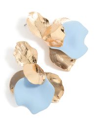 Showcasing statement half flower stud earrings in gold with pale blue front view - link has visual effect only