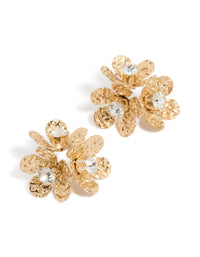 Showcasing gold diamante and molten flower stud earrings with clear accents front view - link has visual effect only