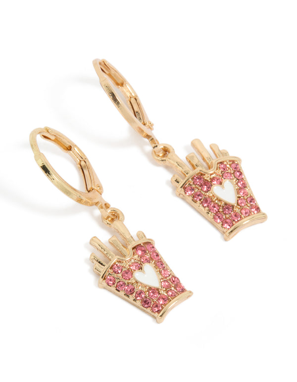 Showcasing gold pink diamante hot chips earrings featuring food charm with heart detail and huggie closure front view