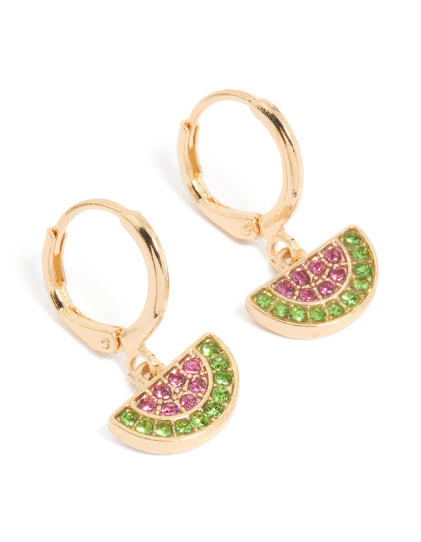 Showcasing gold diamante watermelon charm huggie earrings featuring fruit accents in hot pink and lime green front view