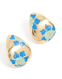 These gold painted blue flowers earrings with huggie closure front view - link has visual effect only