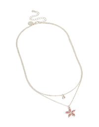 Crafted from silver this clear and pink diamante flower layered necklace front view - link has visual effect only
