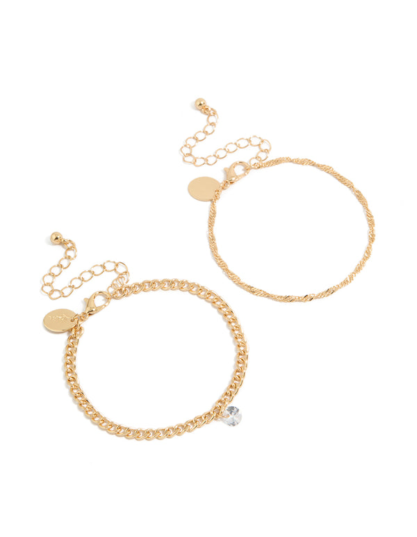 Showcasing gold diamante drop and chain bracelets in a 2-pack with featuring solitaire stone cut front view