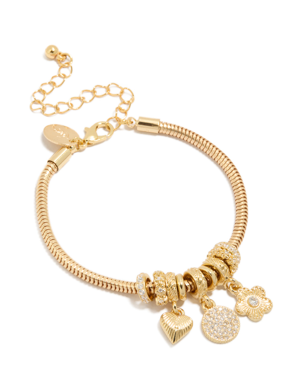 Gold Plated Cubic Zirconia Circle Heart & Flower Charm Bracelet