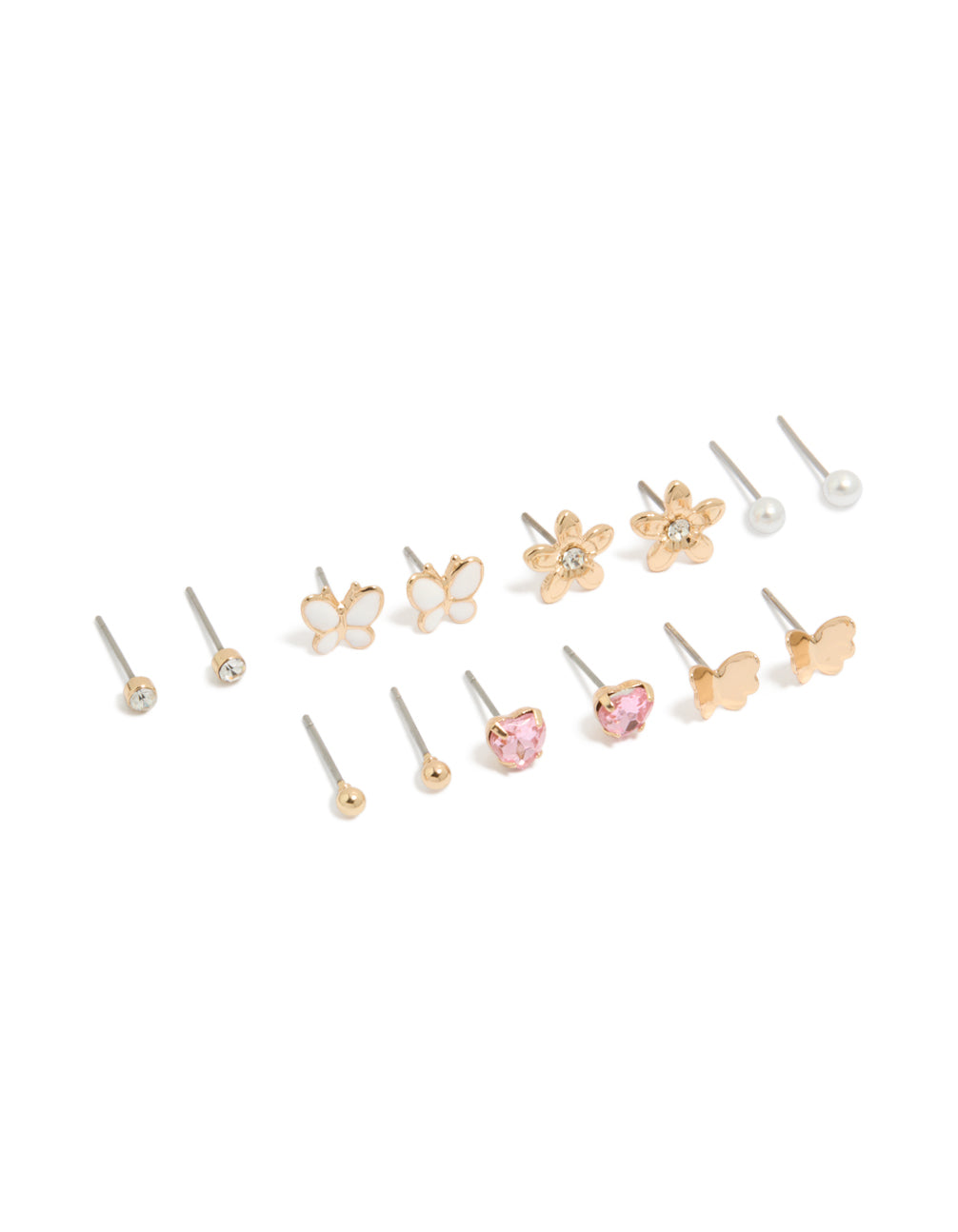 Discover this butterfly and pearl stud earrings 7-pack featuring in enamel with gold, white, light pink, and clear tones front view