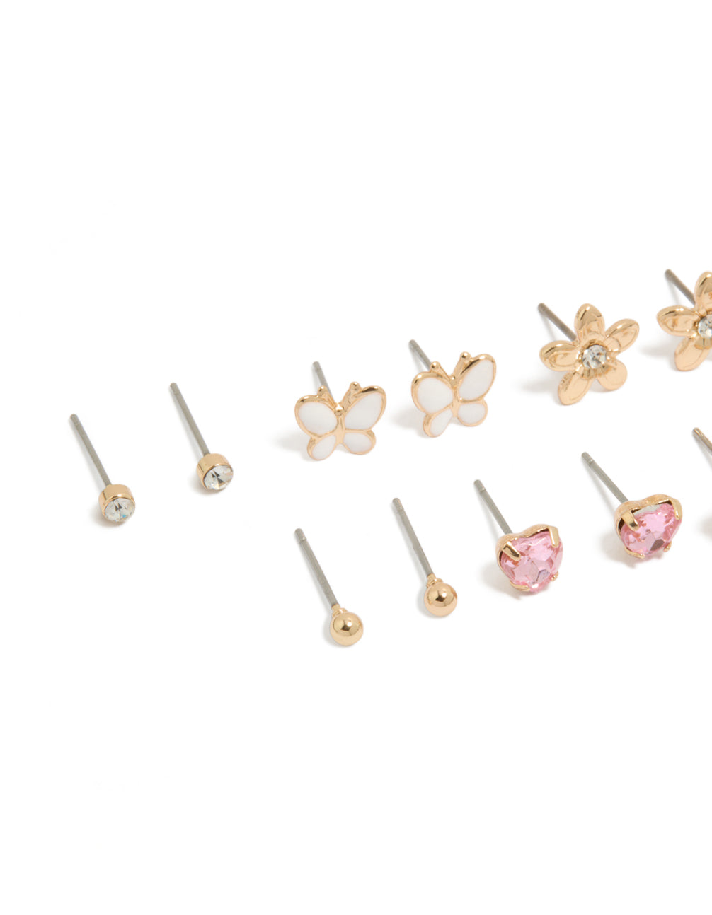 Explore this butterfly and pearl stud earrings 7-pack with floral enamel designs in gold, white, light pink, and clear close up view