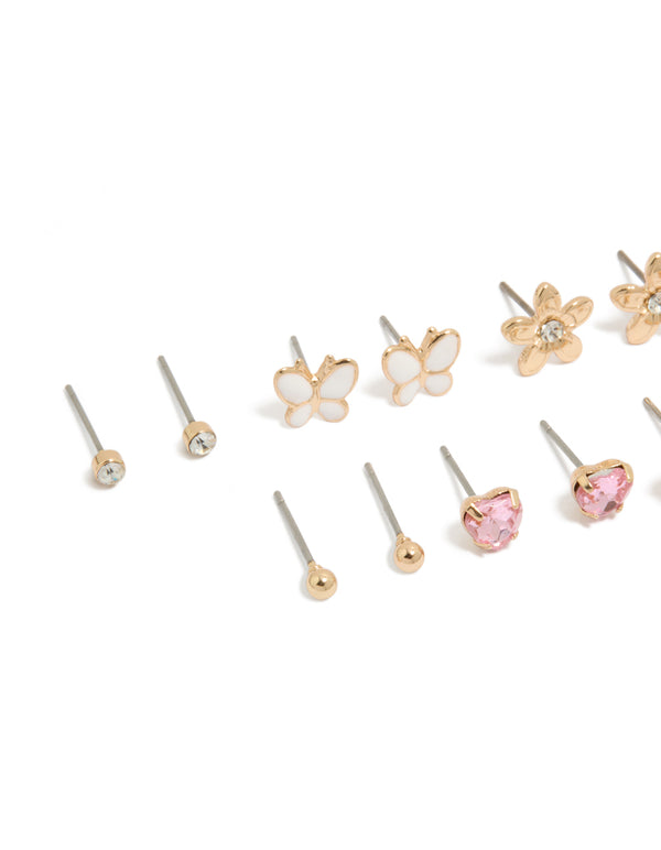 Gold Butterfly &  Pearl Stud Earrings 7-Pack