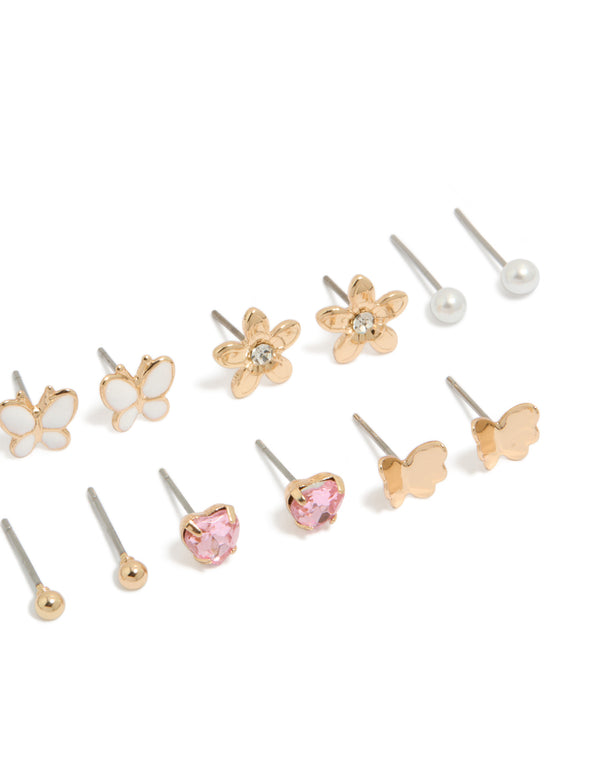 Gold Butterfly &  Pearl Stud Earrings 7-Pack