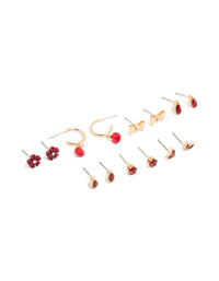 Gold Red Flower & Bow Earrings 7-Pack - link has visual effect only