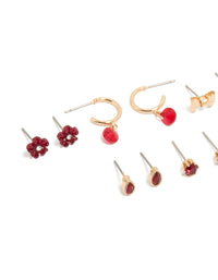Gold Red Flower & Bow Earrings 7-Pack - link has visual effect only