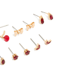 Gold Red Flower & Bow Earrings 7-Pack - link has visual effect only