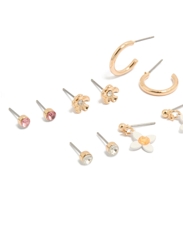 Gold Diamante &  Floral Stud Earrings 8-Pack
