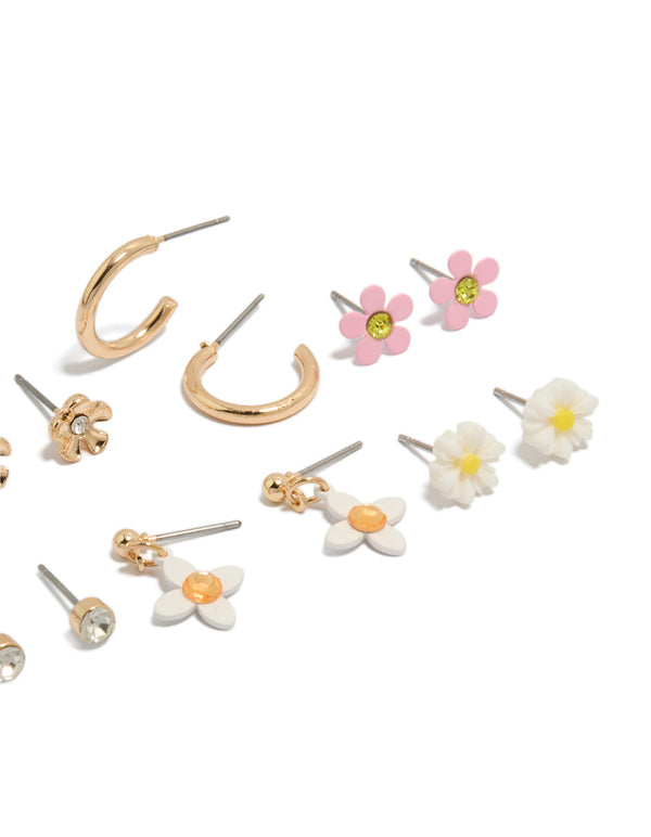 Gold Diamante &  Floral Stud Earrings 8-Pack