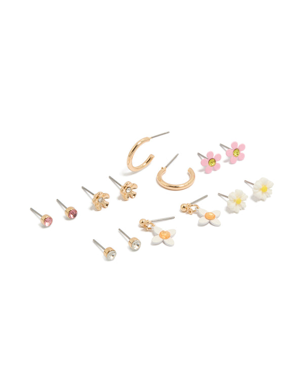 Gold Diamante &  Floral Stud Earrings 8-Pack