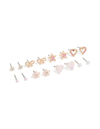 Discover a gold heart and floral stud earrings 8-pack featuring bow, glitter, pearl, star accents in pink, silver, white tones front view - link has visual effect only