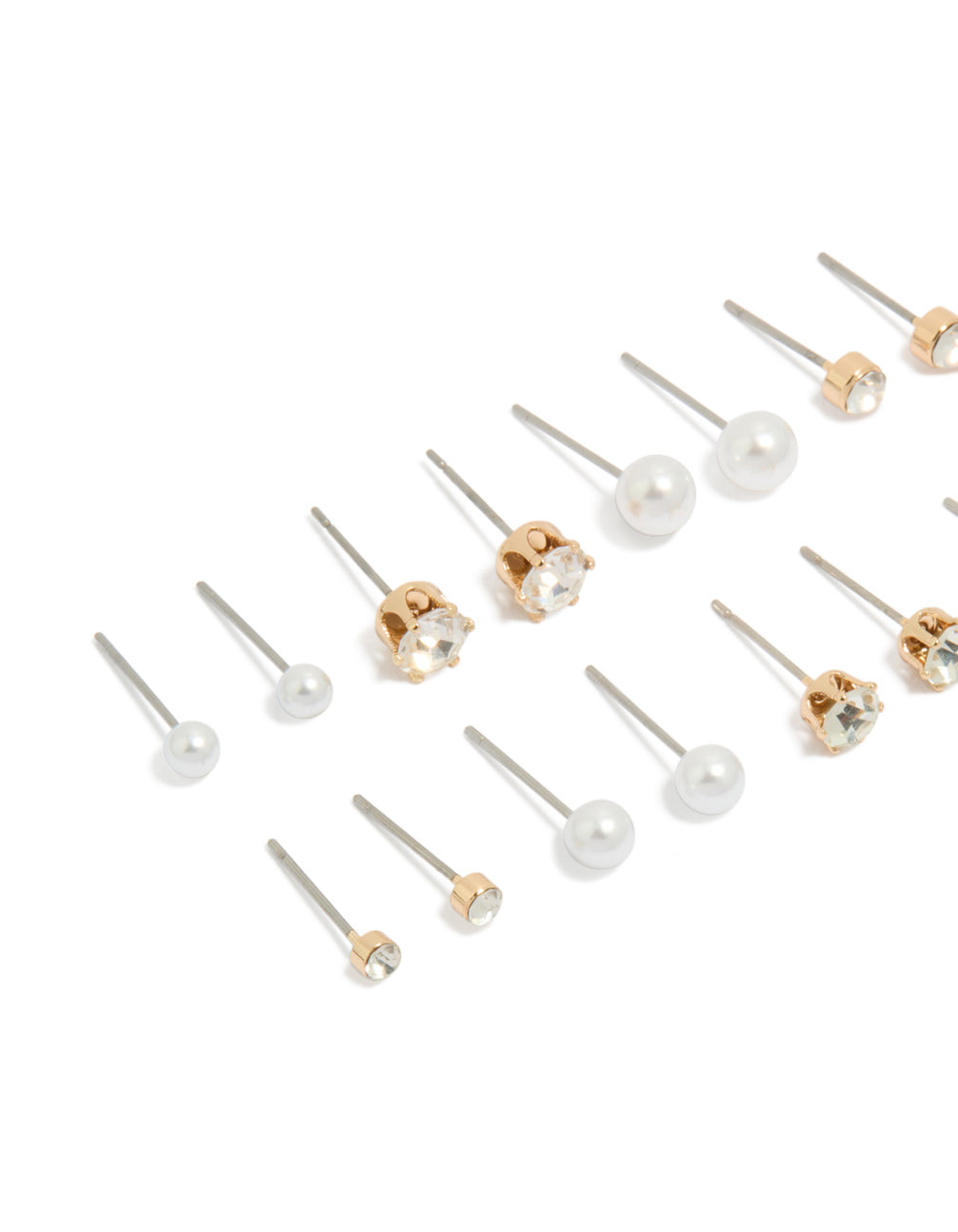 Beautifully crafted dainty gold diamante pearl stud earrings 8-pack with clear and silver tones close up view