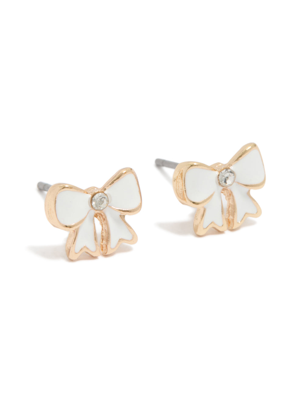 Showcasing dainty bow stud earrings with diamante centre in gold and cream enamel front view