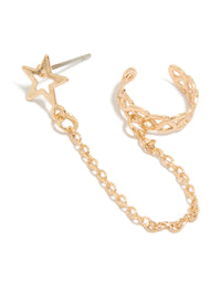 Gold Star Link Cuff  & Stud Earring - link has visual effect only