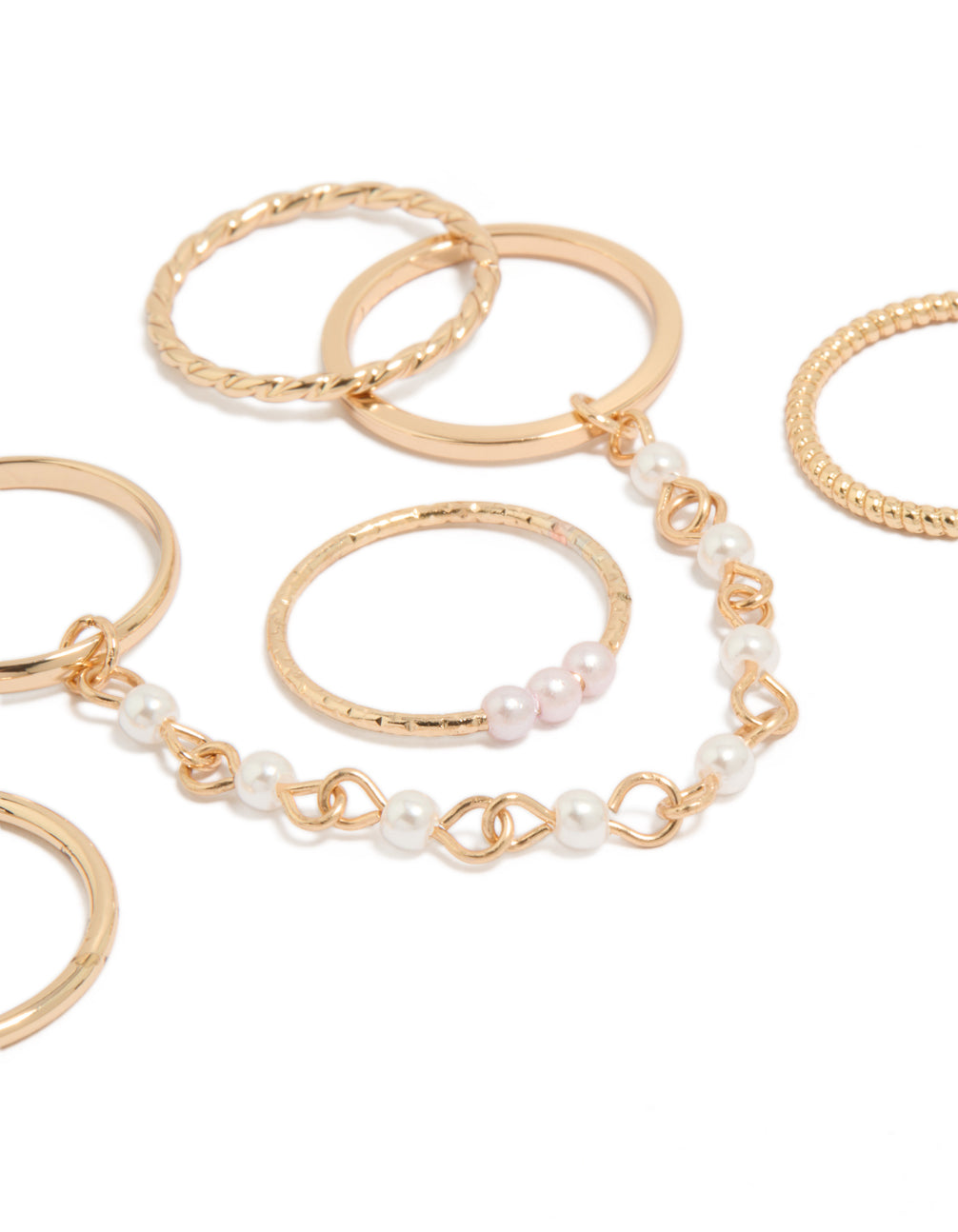 Showcasing gold pearl chain and thin rings 6-pack close up view