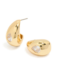 Showcasing gold plated cubic zirconia teardrop hoop earrings front view - link has visual effect only