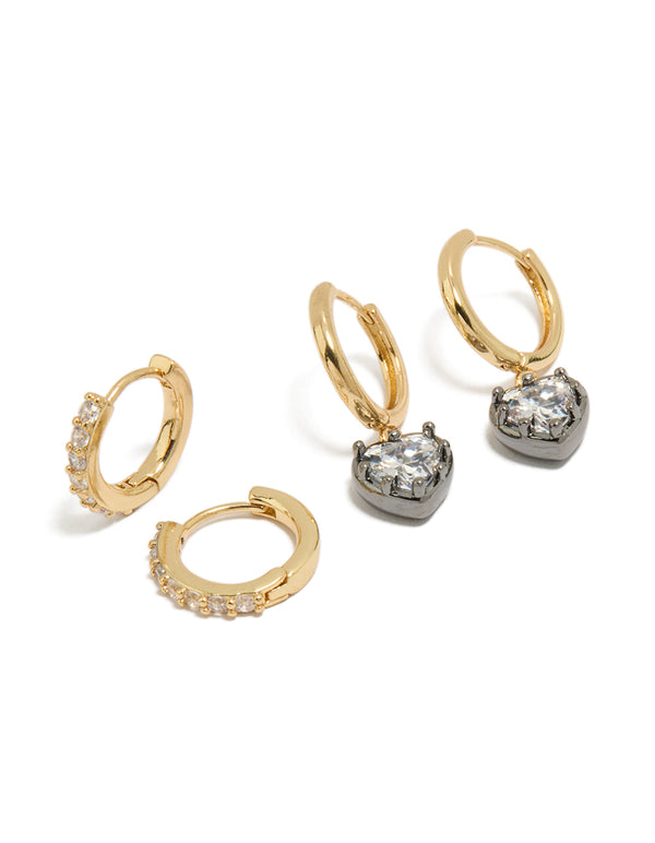 Mixed Metal Plated Heart & Cubic Zirconia Huggie Earrings 2-Pack