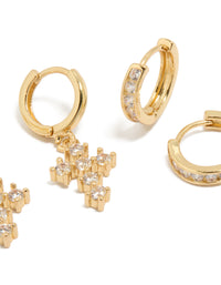 Gold Plated Brass Cubic Zirconia & Cross Huggie Earrings 2-Pack - link has visual effect only