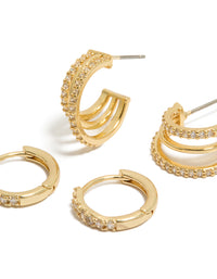 Crafted from gold plated cubic zirconia, these huggies and illusion hoop earrings in a 2-pack close up view - link has visual effect only