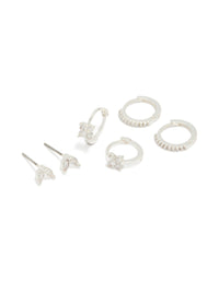 Silver Plated Flower Huggie & Leaf Stud Earrings 3-Pack - link has visual effect only