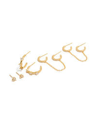 Showcasing statement cubic zirconia crystal gold plated studs and hoop earrings 4-pack front view - link has visual effect only